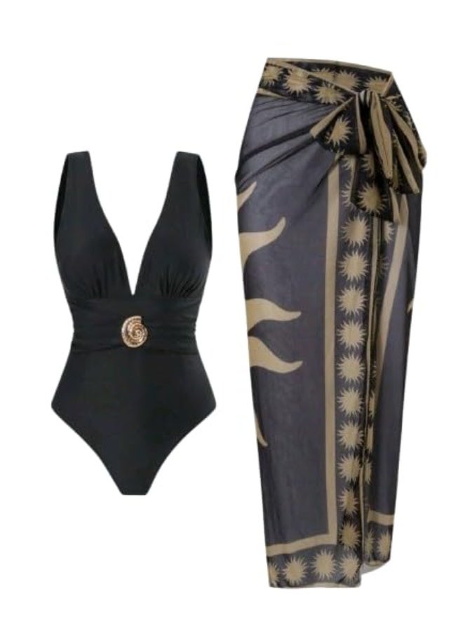SHEIN-2pcs/Set Swim Solid Black One-Piece Swimsuit & Mesh Placement Print Maxi Dress - Image 1